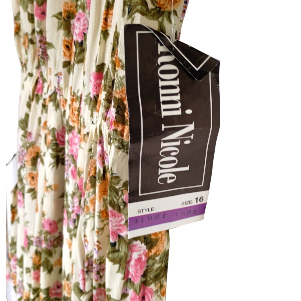Vintage Ronni Nicole Floral Rayon Midi Dress Short Sleeve Cream Sz 16 NWT 80s - Picture 10 of 15